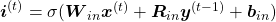 \boldsymbol{i}^{(t)}=\sigma(\boldsymbol{W}_{in} \boldsymbol{x}^{(t)} + \boldsymbol{R}_{in} \boldsymbol{y}^{(t-1)} + \boldsymbol{b}_{in})