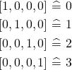 \begin{align*} [1, 0, 0, 0] \ \widehat{=}  \ 0 \\ [0, 1, 0, 0] \ \widehat{=}  \ 1 \\ [0, 0, 1, 0] \ \widehat{=}  \ 2 \\ [0, 0, 0, 1] \ \widehat{=} \  3\\ \end{align*}
