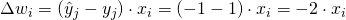 \Delta w_i = (\^{y}_j - y_j) \cdot x_i = (-1 - 1) \cdot x_i = -2 \cdot x_i