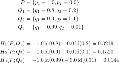 \begin{align*}P &= \{p_1 = 1.0, p_2 = 0.0 \} \\Q_{1} &= \{q_1 = 0.8, q_2 = 0.2 \} \\ Q_{2} &= \{q_1 = 0.9, q_2 = 0.1 \} \\ Q_{3} &= \{q_1 = 0.99, q_2 = 0.01 \} \\ \\H_{1}(P;Q_{1}) &= -1.0 \operatorname{ld}(0.8) -0.0 \operatorname{ld}(0.2) = 0.3219 \\H_{2}(P;Q_{2}) &= -1.0 \operatorname{ld}(0.9) -0.0 \operatorname{ld}(0.1) = 0.1520 \\ H_{3}(P;Q_{3}) &= -1.0 \operatorname{ld}(0.99) -0.0 \operatorname{ld}(0.01) = 0.0144\\\end{align*}